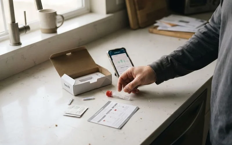 A person reviewing an at-home testosterone test kit and instructions