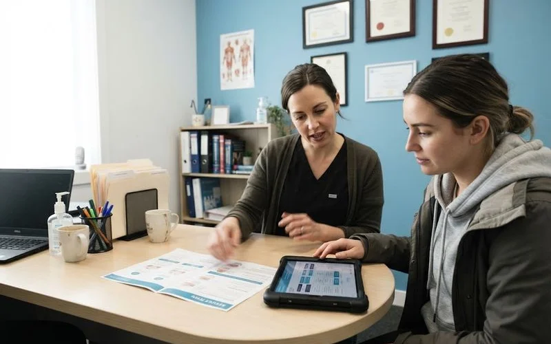 A patient comparing service menus at a wellness clinic reception desk