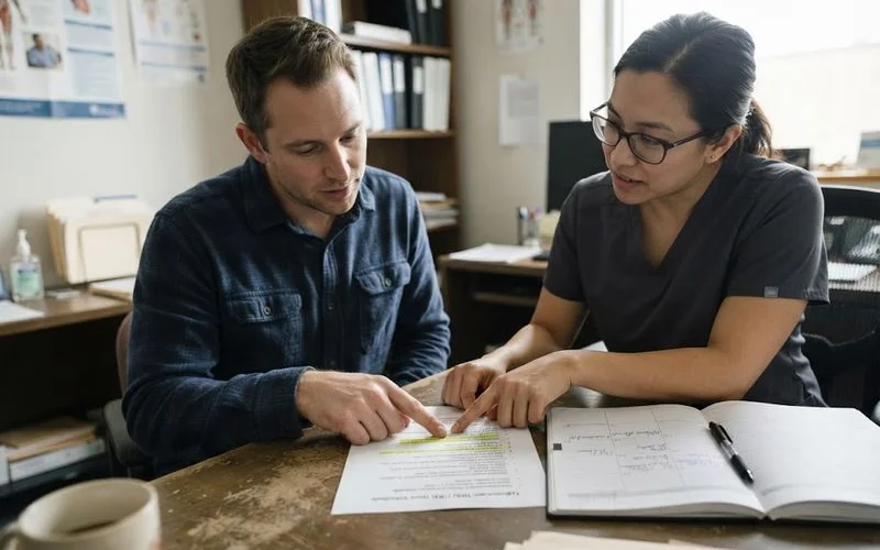 A patient discussing a treatment transition plan with their healthcare provider