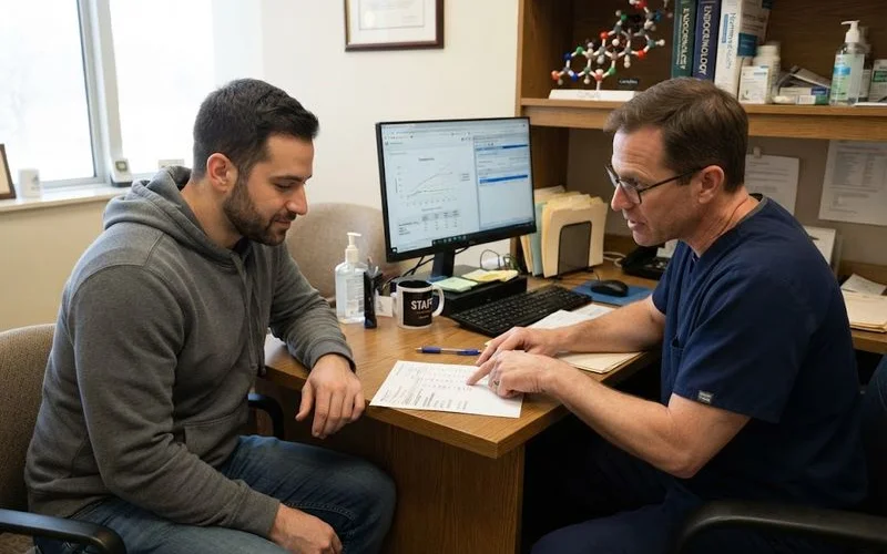 A clinician explaining lab results and treatment options to a patient during a follow-up consultation