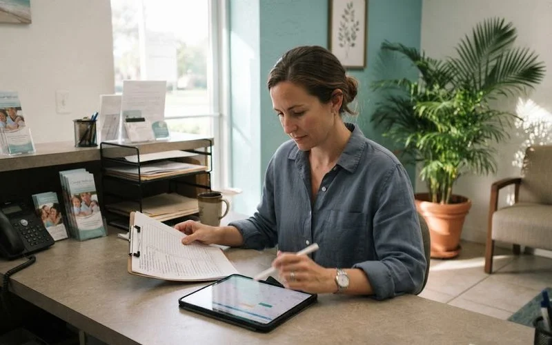 A team member reviewing a spreadsheet of Florida TRT clinic listings alongside a laptop showing a ranking methodology page