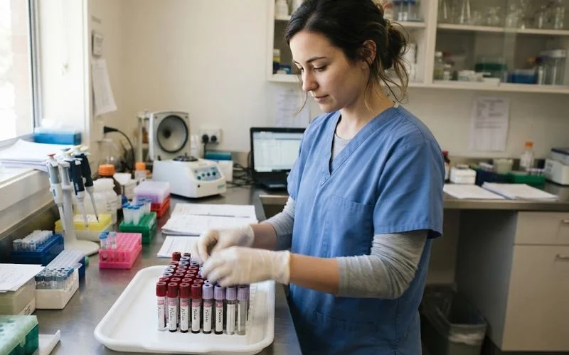 A lab technician processing a blood sample tube for hormone level testing