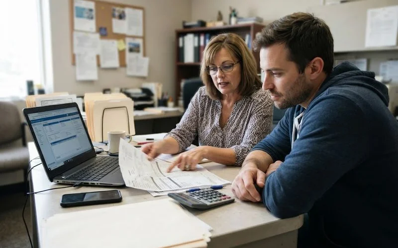 A patient reviewing an insurance benefits summary alongside a clinic billing statement
