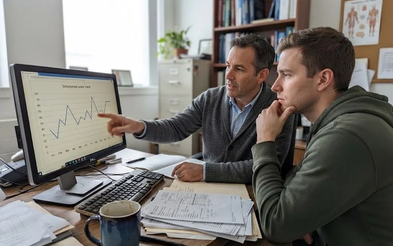 A patient and provider reviewing a printed lab report with trend lines over several visits