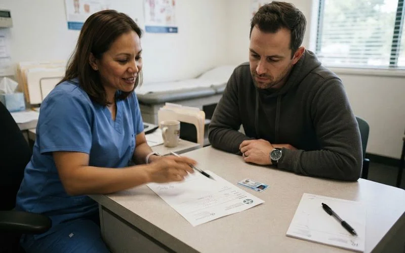 A patient reviewing prescription and pharmacy documentation for testosterone therapy