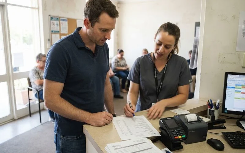 A patient reviewing a pricing breakdown sheet with a clinic staff member at the front desk