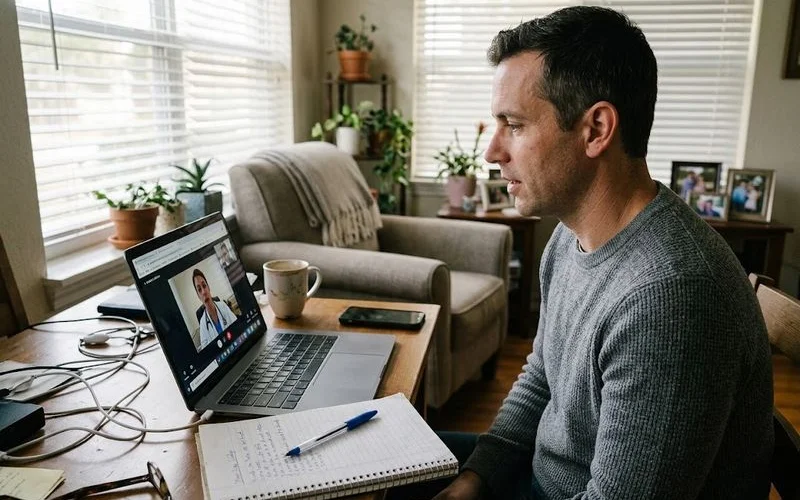A man completing a telehealth consultation for testosterone therapy from his home