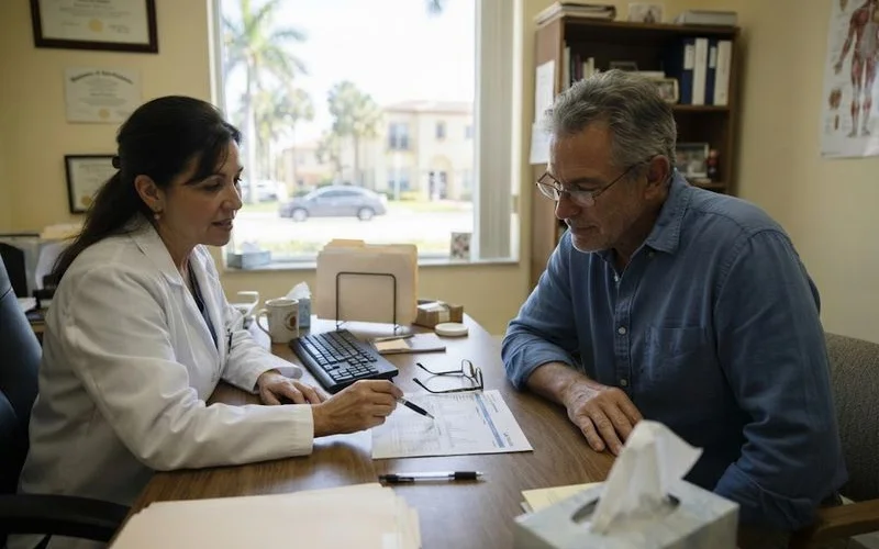 An older man discussing hormone therapy options with his physician during a consultation