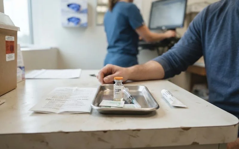 Vials of testosterone medication and injection supplies arranged on a clinic tray