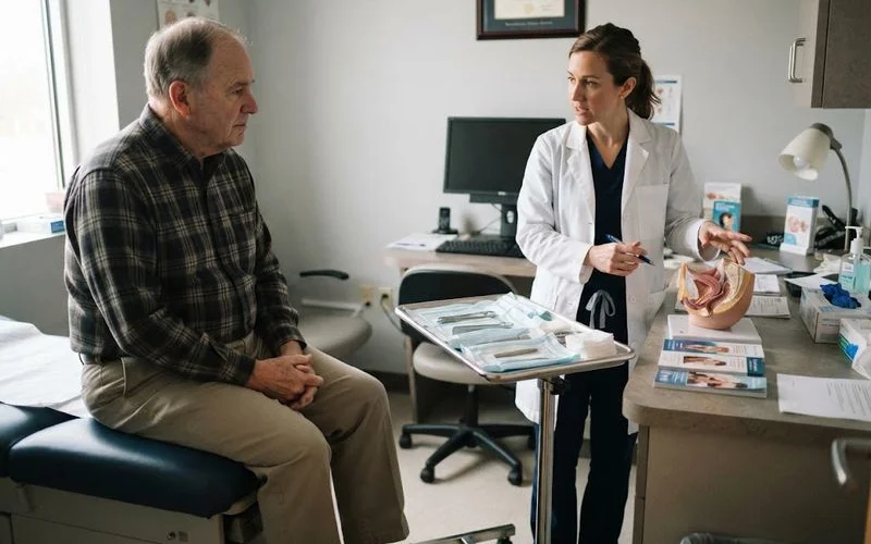 A urologist discussing erectile dysfunction test results and treatment options with a patient