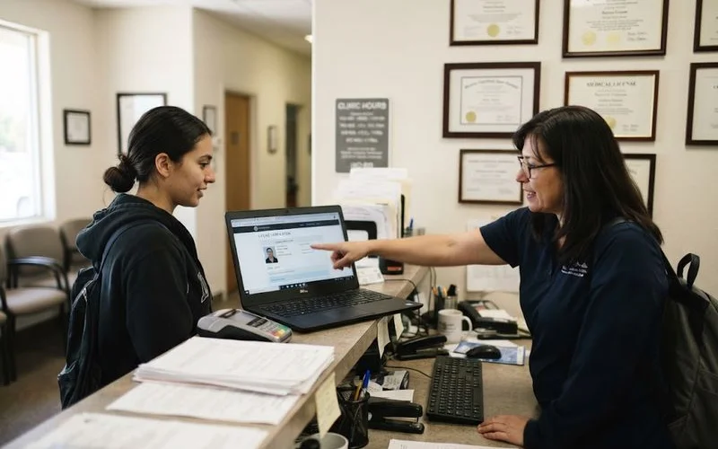 A patient checking a provider's license and credentials before a medical appointment