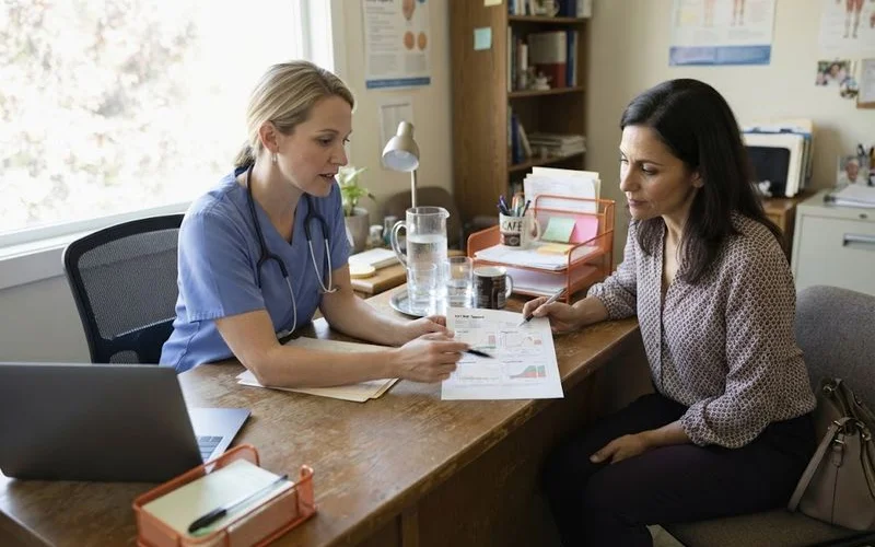 A woman discussing hormone therapy symptoms and treatment options with her physician